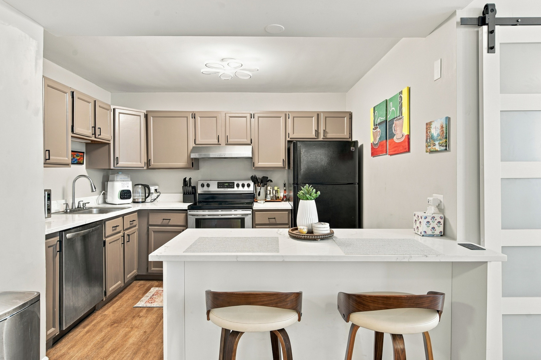 Kitchen island and living room